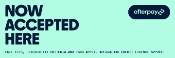 Afterpay logo with text 'Now Accepted Here' on a light blue background