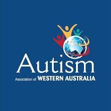 Logo for Autism Association of Western Australia showing those words and a globe with 3 people in 3 different colours behind with their arms in the air. 