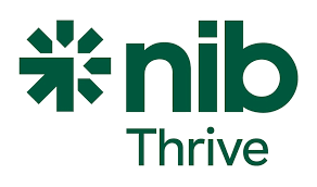 Green circular icon with an arrow and the words nib Thrive to make the logo 
